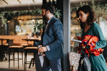 A focused businessman and businesswoman walk by each other in a bustling, contemporary office environment, illustrating corporate movement and entrepreneurship.