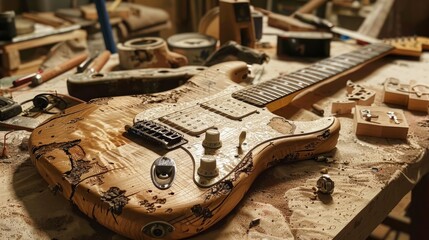 Guitar care and repair, including building new ones. - obrazy, fototapety, plakaty
