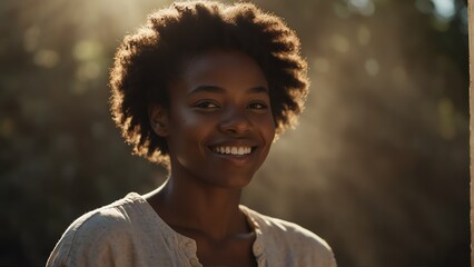 young black african woman smiling with bright sunshine rays and copy space from Generative AI