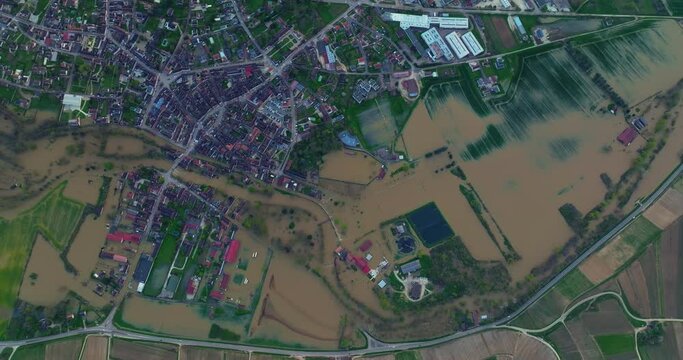 Natural disaster in Burgundy, France. Water flooded a city in the Yonne department. Aerial view of the floods in the center of France. Yonne river in flood in Chablis town. Spring flood 2024