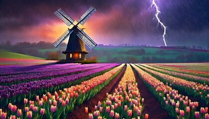windmill with Tulips  - obrazy, fototapety, plakaty