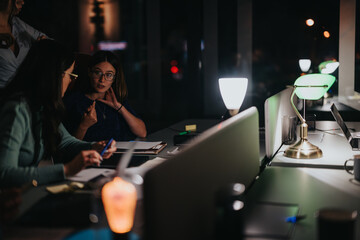 Businesspeople engage in a serious discussion in a dimly lit office at night, illustrating...