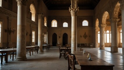 Fototapeta premium dining hall interior of ancient royal palace from Generative AI