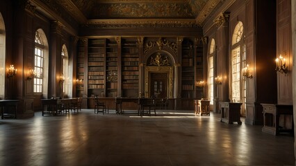 Fototapeta na wymiar library hall interior of ancient royal palace from Generative AI