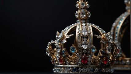 a royal crown with diamond shiny sparkling gemstones on plain black background from Generative AI