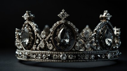 a royal crown with diamond shiny sparkling gemstones on plain black background from Generative AI
