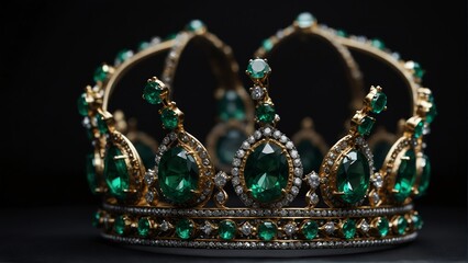 a royal crown with green emerald shiny sparkling gemstones on plain black background from Generative AI