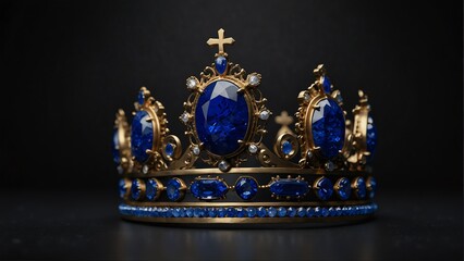 a royal crown with lapiz lazuli shiny sparkling gemstones on plain black background from Generative AI
