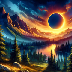 landscape with a very beautiful solar eclipse - obrazy, fototapety, plakaty