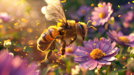 A large bee covered in pollen flies for honey. close shooting. bee on a flower. - 779294789
