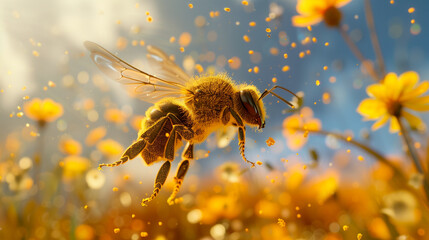 A large bee covered in pollen flies for honey. close shooting. bee on a flower. - 779294796