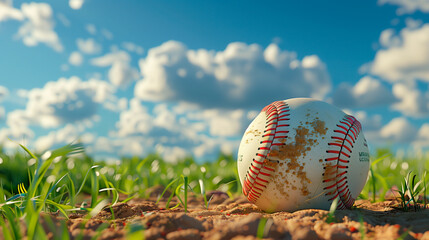 A baseball on the field. baseball in grass