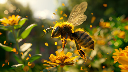 A large bee covered in pollen flies for honey. close shooting. bee on a flower. - 779294799