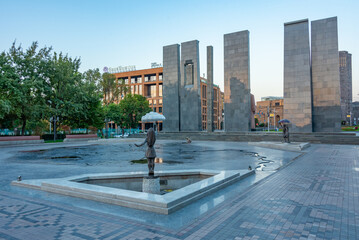 Sunrise view of fountains at Vardanyans' Park in Yerevan, Armenia