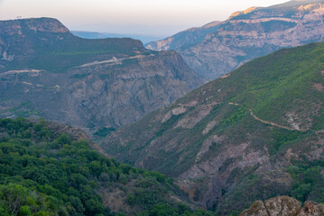 Naklejka premium Sunset view of Vorotan river valley on the way to Tatev village in Armenia