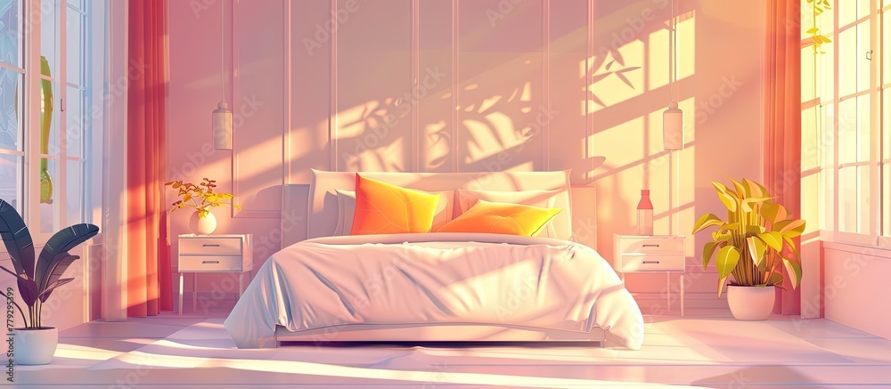 Wall mural a building with a wooden bed, nightstands, vibrant magenta plants, and a window overlooking a garden