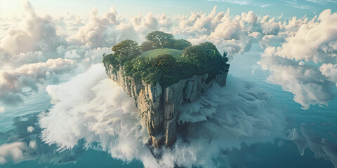 A fantasy island in the sky with a waterfall and a house on it.AI Generative