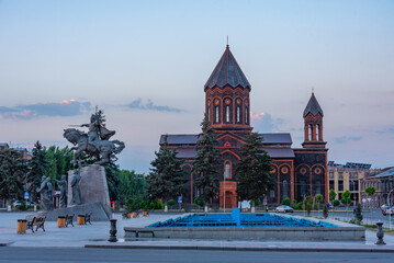 Sunset view of Vardanants square and holy saviour church in the center of Gyumri, Armenia