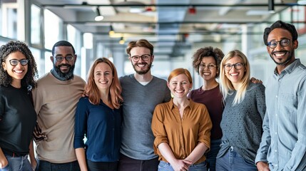 A portrait of a happy and diverse team of colleagues. They are all smiling and looking at the camera, and they look like they are really happy to be working together.