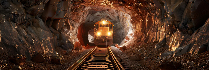 train, A train with a dark sky and a train with a lot of containers on it, Dimly lit mine shaft with a railway track running through it reflecting the glow of lights mounted on the walls, Tunnel const - obrazy, fototapety, plakaty