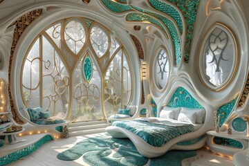 Modern futuristic art nouveau bedroom decor, fusion of timeless elegance and avant-garde design, transforming your sleeping space into a stylish sanctuary that reflects both tradition and innovation.
