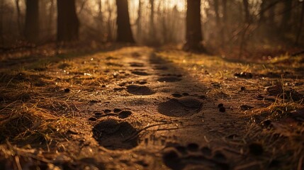 A series of footprints in forest
