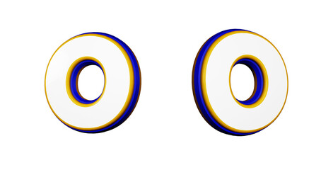 Letter O in 3D render, in two different perspectives and angles. Colors Blue, yellow and white. Complete alphabet collection