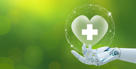 Futuristic AI robot Hand offer hospital heart with white cross on green background. The Concept of Family life insurance, Medical care insurance, and Business healthy with Artificial Intelligence. 