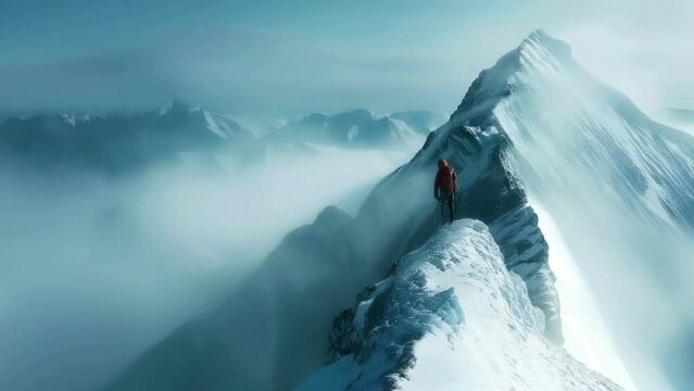 A man in an orange jacket stands on a snow covered mountain peak 4K motion