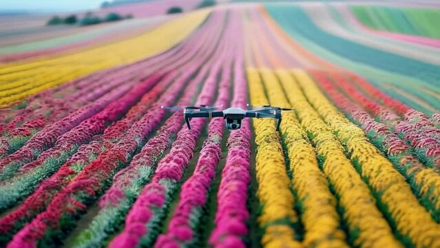 A drone is flying over a field of flowers 4K motion