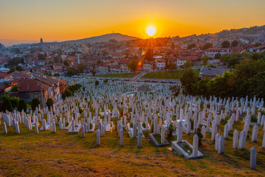 Sunset over Kovaci cemetery in Sarajevo, Bosnia and Herzegovina