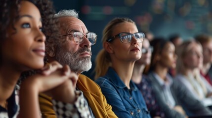A group of colleagues attending a conference. They are all listening attentively, and they look like they are learning a lot.