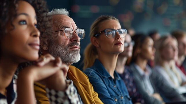 A group of colleagues attending a conference. They are all listening attentively, and they look like they are learning a lot.