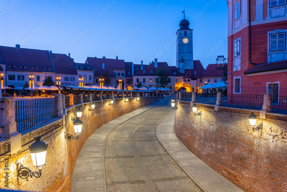 Sticker Sunset view of Piata Mica in Sibiu, Romania