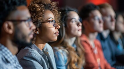 A group of colleagues attending a conference. They are all listening attentively, and they look like they are learning a lot.
