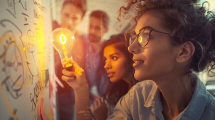 A group of businesspeople brainstorming ideas, their faces alight with creativity. The whiteboard is covered in notes and drawings, and the energy in the room is electric.