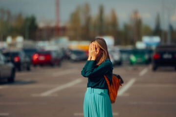 Desperate Woman Not Finding her Car in the Public Parking Lot. Unhappy lady crying for losing her...