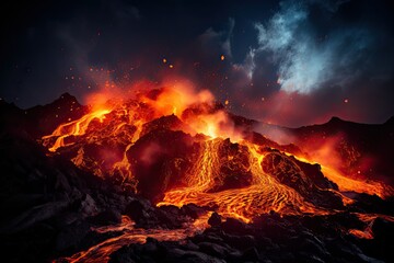 molten lava flowing down the slopes of a volcano, the vibrant orange glow illuminating the night, with billowing smoke and sparks adding to the intensity - obrazy, fototapety, plakaty