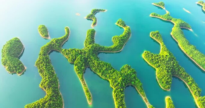 Aerial view of beautiful Qiandao Lake natural landscape in Hangzhou. There are many islands here. it is a famous holiday resort in china.