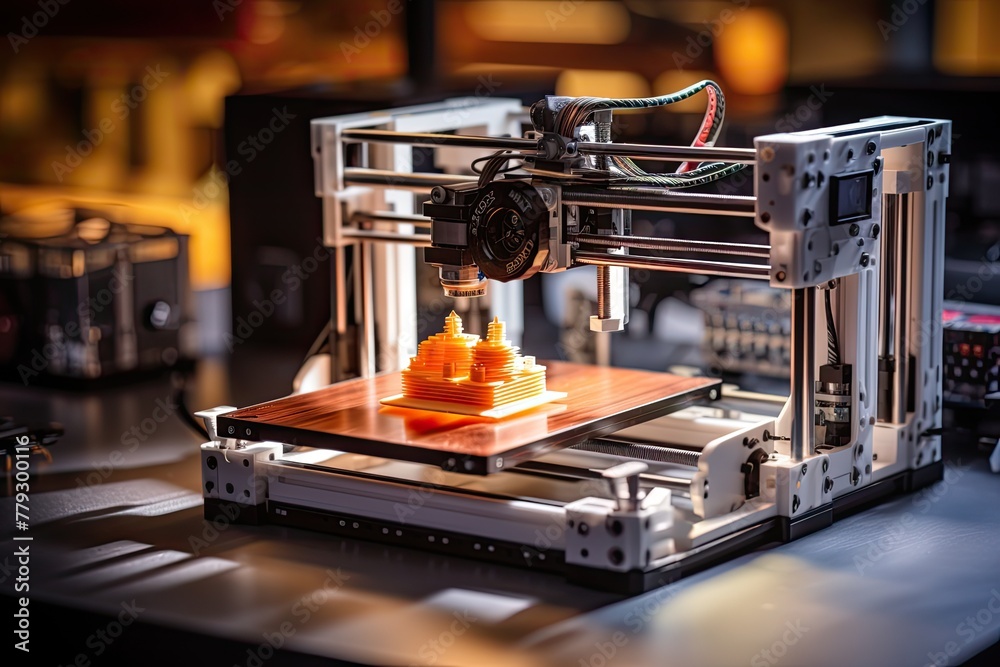 Poster 3D printing machine at work, focusing on the mechanical details and precision involved in creating a cube