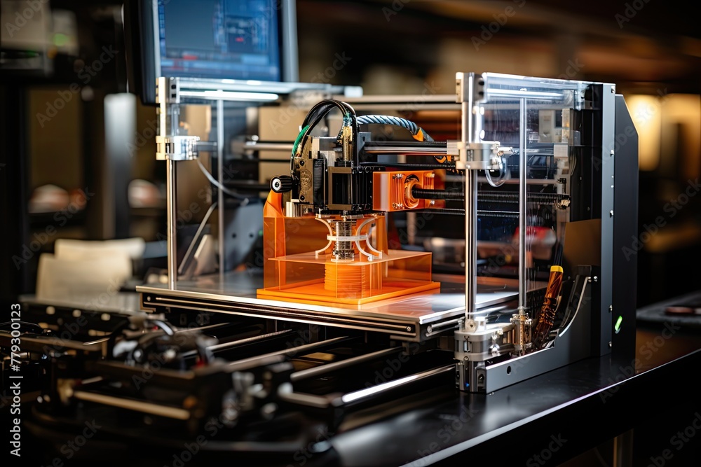 Poster 3D printing machine at work, focusing on the mechanical details and precision involved in creating a cube
