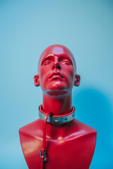 A mannequin head wearing a red collar