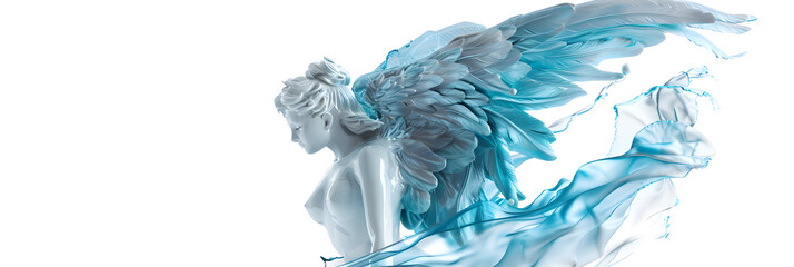  A sculpture of winged angel In blue and White Splash of water in form of woman Angel abstract Liquid Flying Girl, for design elements on white transparent background  

