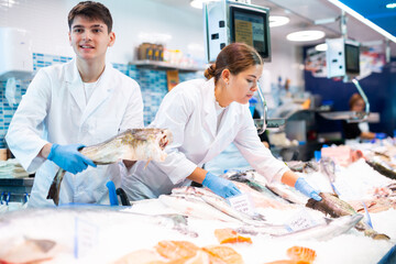 Positive young salesman demonstrating cod fish behind counter in fish store - obrazy, fototapety, plakaty