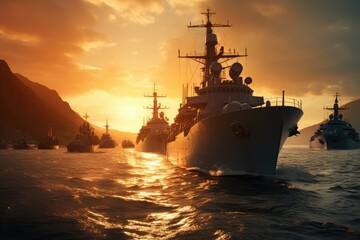 cinematic portrayal military navy ships in a sea bay during the golden hour. silhouette of ships vibrant sunset, lens flares and dynamic composition heroic nature of the naval setting - Powered by Adobe