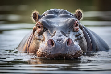 hippopotamus submerged in calm water, partially visible with nostrils and eyes above the surface, showcasing the serene beauty of these powerful creatures in their aquatic habitat - obrazy, fototapety, plakaty
