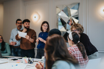 Dynamic business team engaged in creative brainstorming meeting.