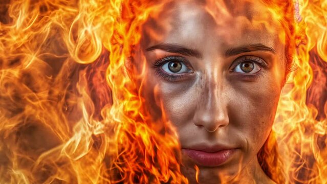 Woman's face engulfed in vivid flames, a conceptual image mixing beauty with danger.