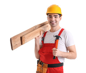 Young carpenter with wooden planks and hammer on white background - obrazy, fototapety, plakaty