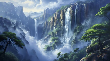 Veil of Grandeur: Waterfall Symphony in the Canyon./n
